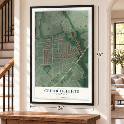 Cedar Heights, Maryland map, 24 x 36 inch print in a black frame by a staircase
