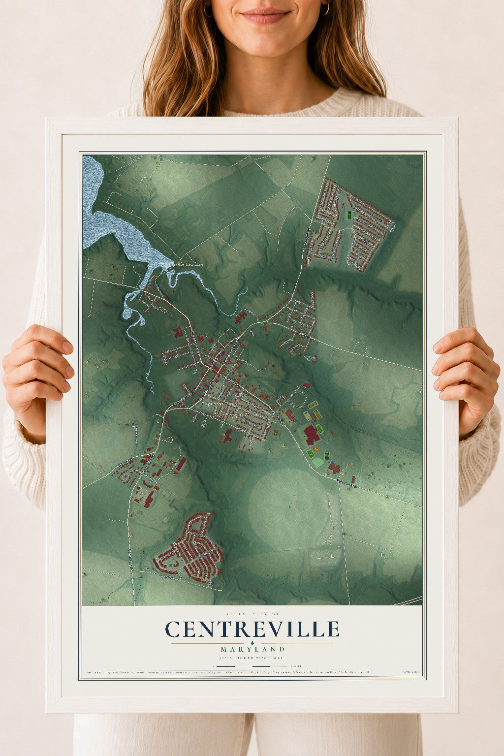 Map of Centreville, Maryland, 18 x 24 inch print in a white wood frame