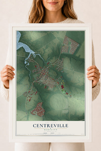 Map of Centreville, Maryland, 18 x 24 inch print in a white wood frame
