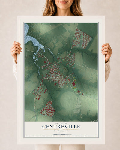 Map of Centreville, Maryland, 24 x 36 inch print in a white wood frame