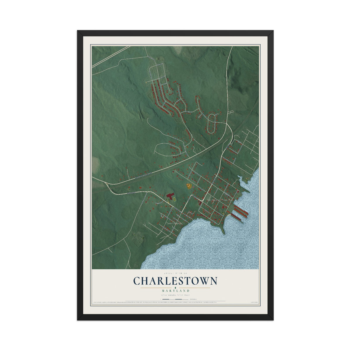 Map of Charlestown, Maryland, 12 x 18 inch print in a black wood frame