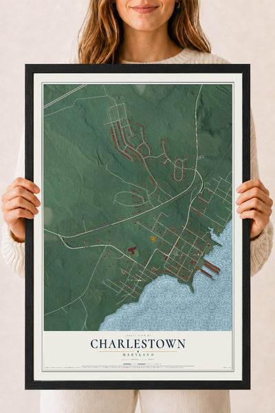 Map of Charlestown, Maryland, 18 x 24 inch print in a black wood frame