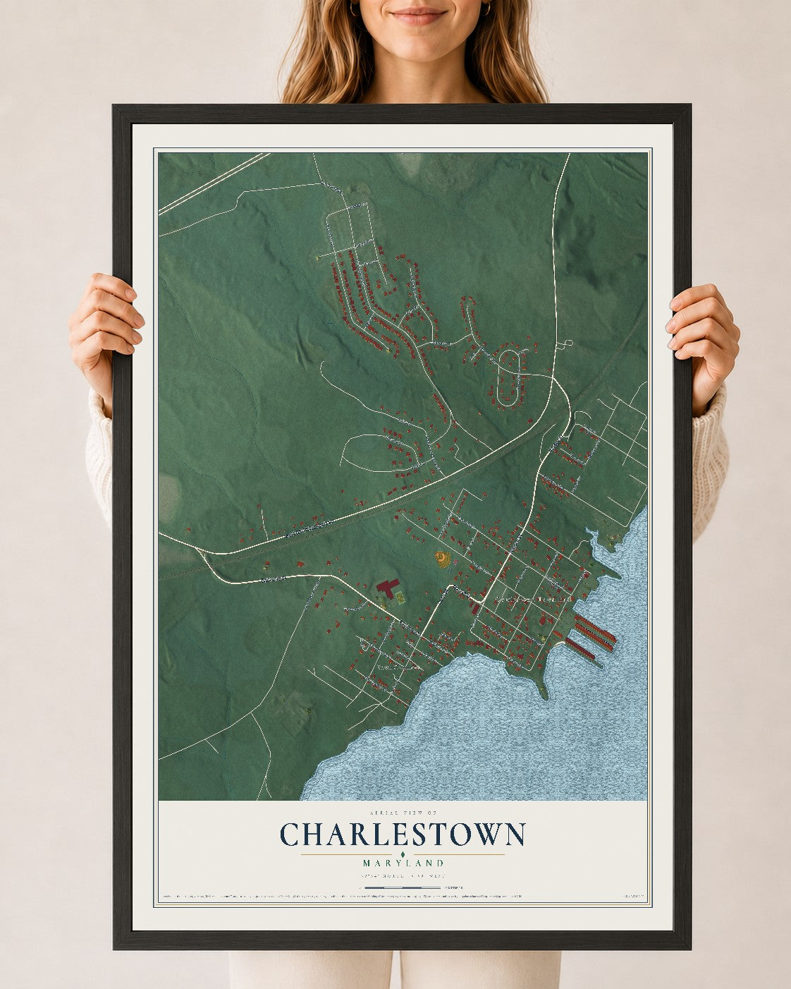 Map of Charlestown, Maryland, 24 x 36 inch print in a black wood frame