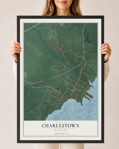 Map of Charlestown, Maryland, 24 x 36 inch print in a black wood frame