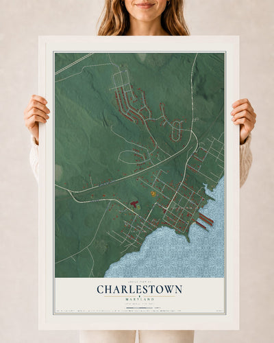 Map of Charlestown, Maryland, 24 x 36 inch print in a white wood frame