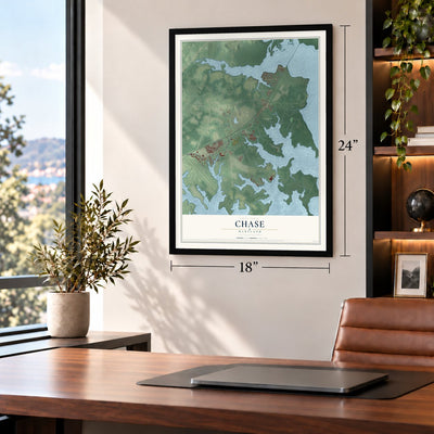Chase, Maryland map, 18 x 24 inch print in a black frame in a home office