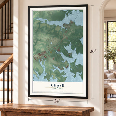 Chase, Maryland map, 24 x 36 inch print in a black frame by a staircase