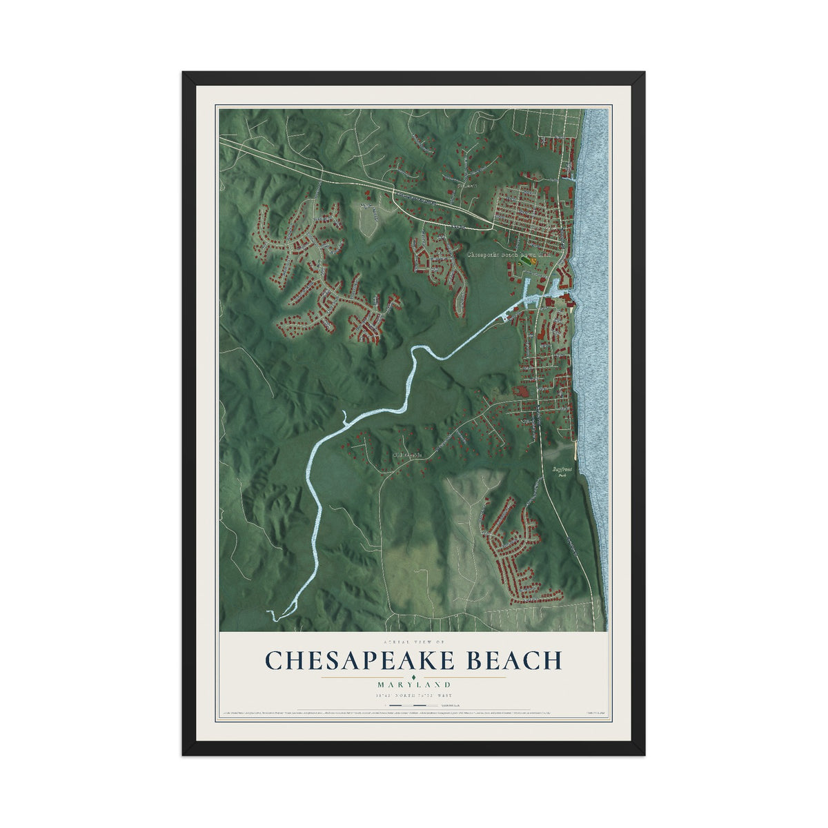 Map of Chesapeake Beach, Maryland, 12 x 18 inch print in a black wood frame