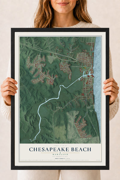Map of Chesapeake Beach, Maryland, 18 x 24 inch print in a black wood frame