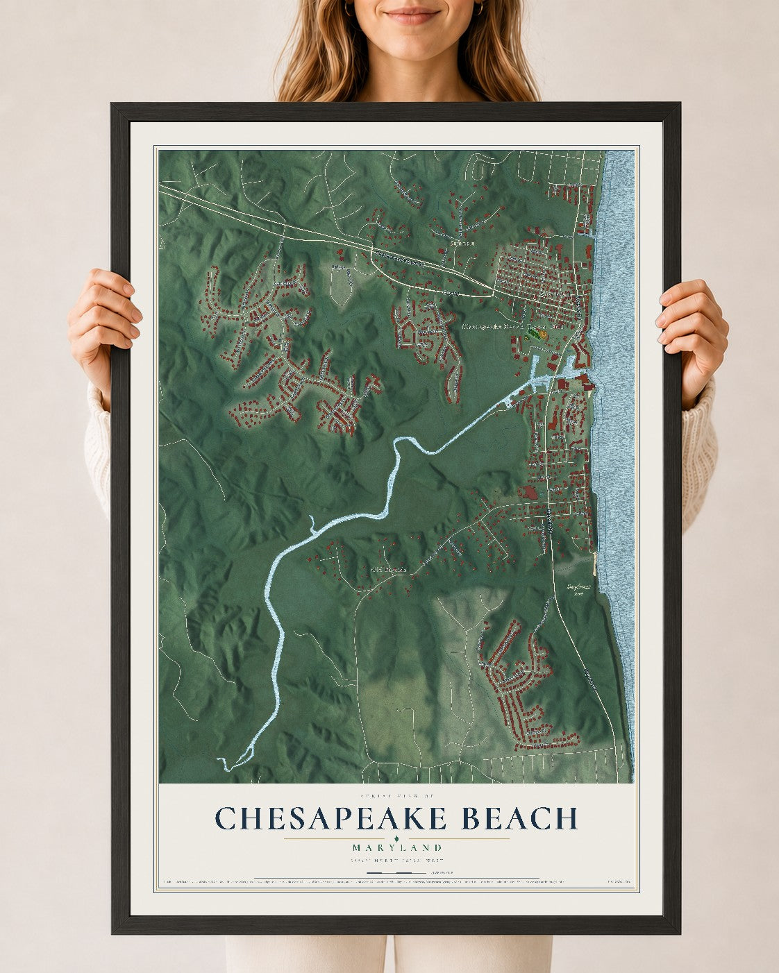 Map of Chesapeake Beach, Maryland, 24 x 36 inch print in a black wood frame