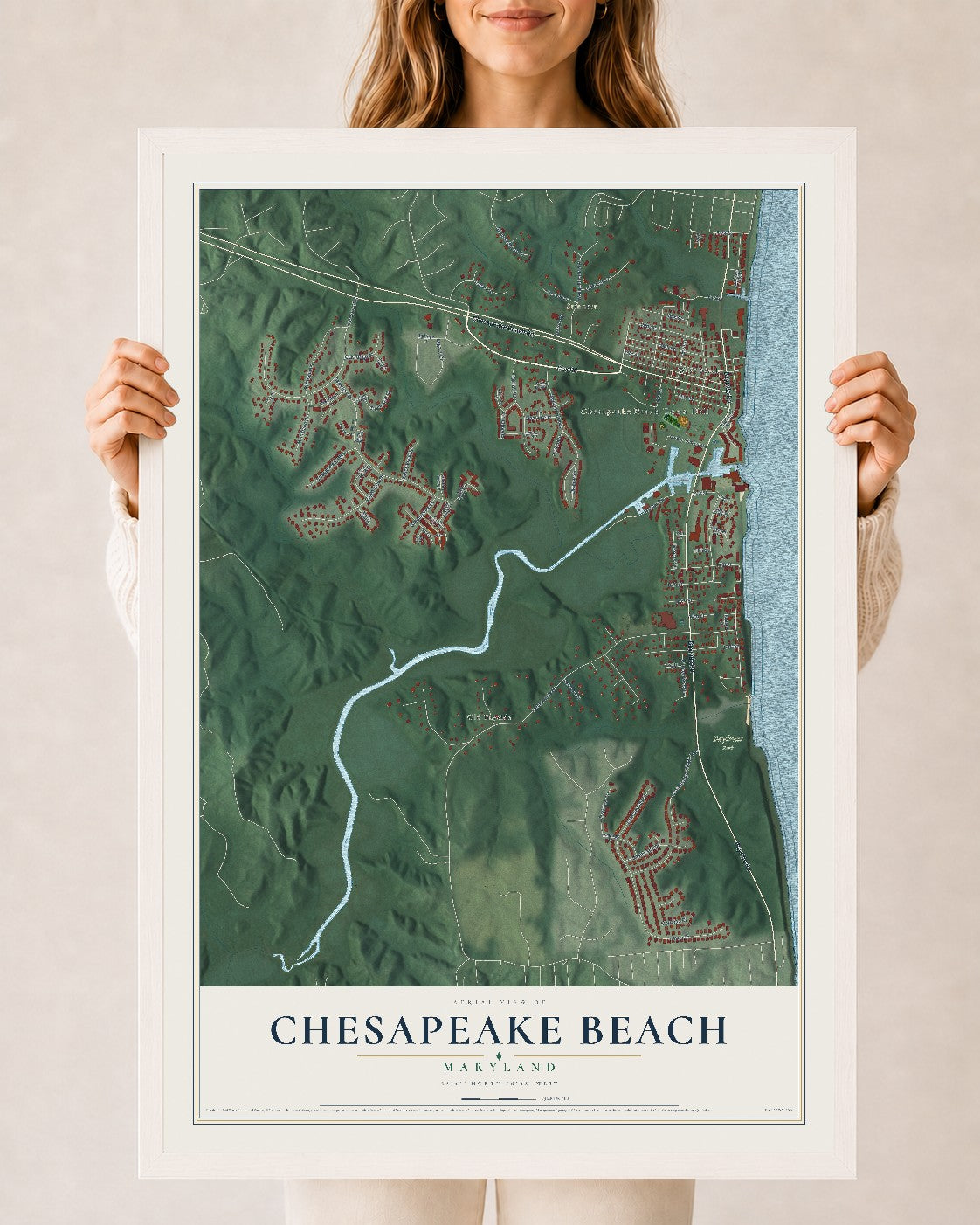 Map of Chesapeake Beach, Maryland, 24 x 36 inch print in a white wood frame