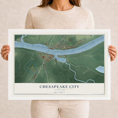 Map of Chesapeake City, Maryland, 12 x 18 inch print in a white wood frame