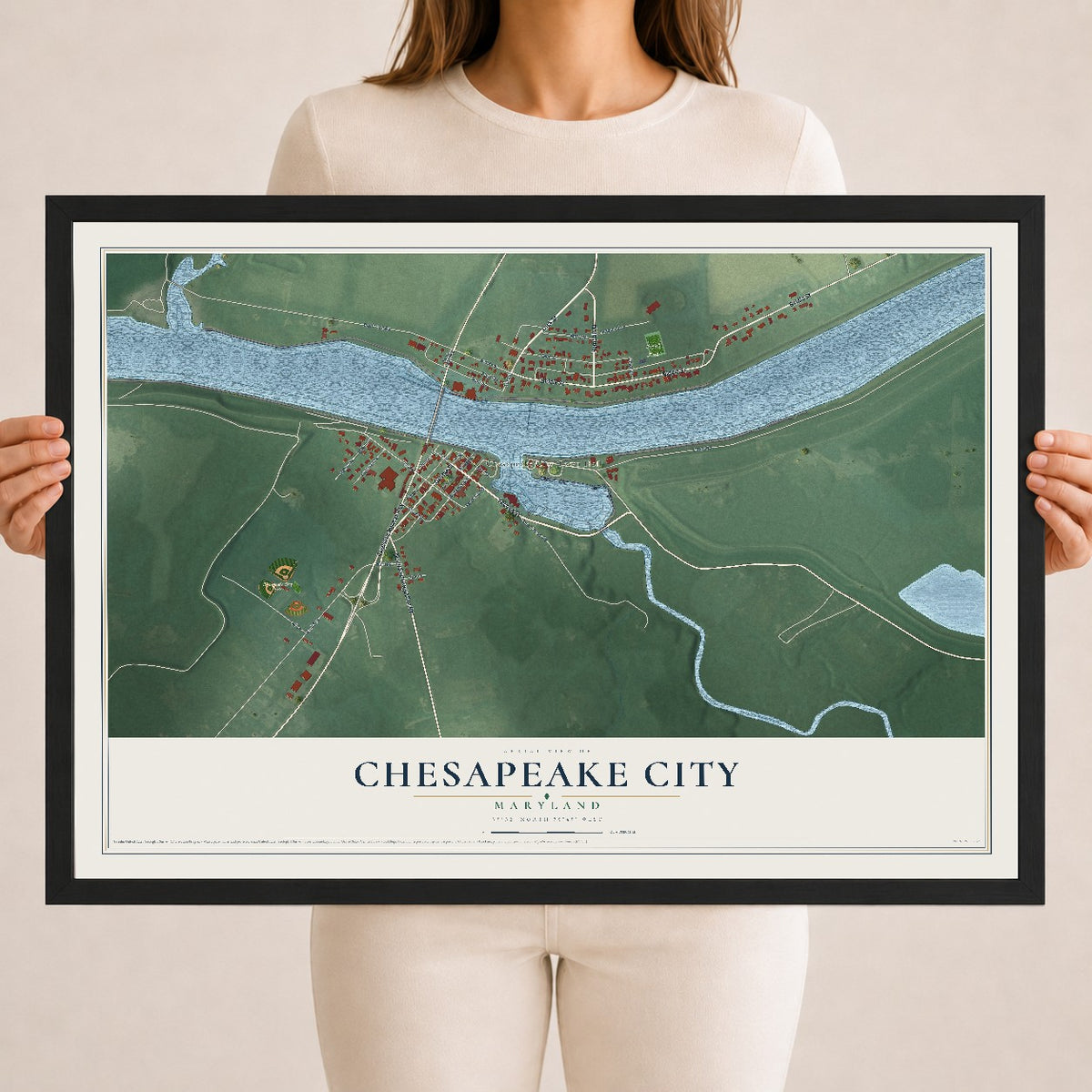 Map of Chesapeake City, Maryland, 18 x 24 inch print in a black wood frame