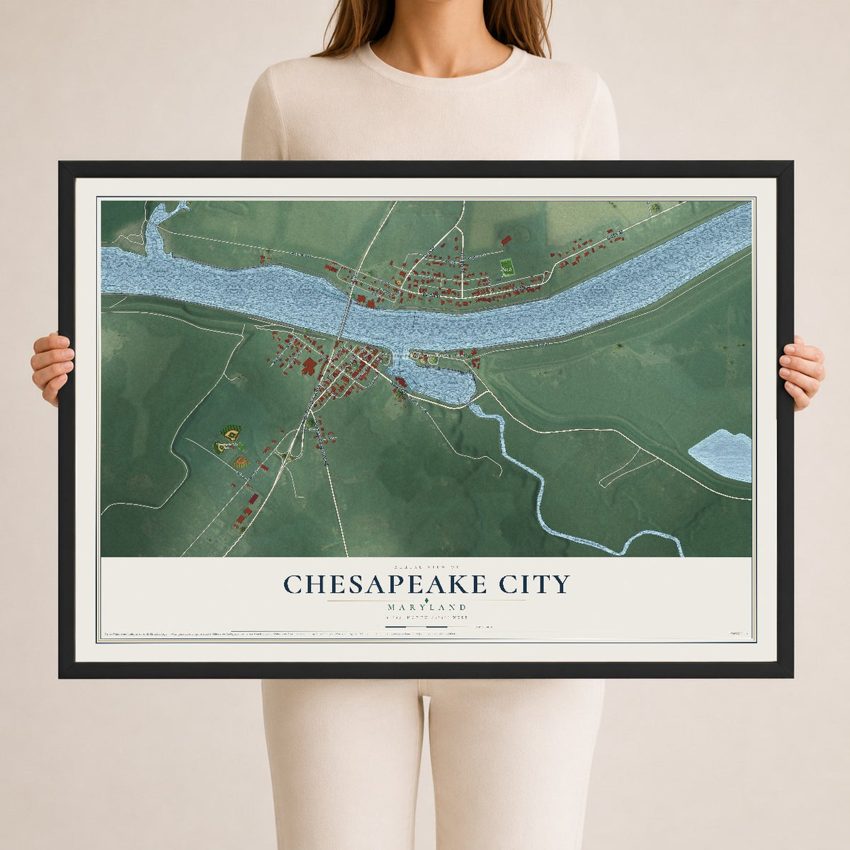 Map of Chesapeake City, Maryland, 24 x 36 inch print in a black wood frame