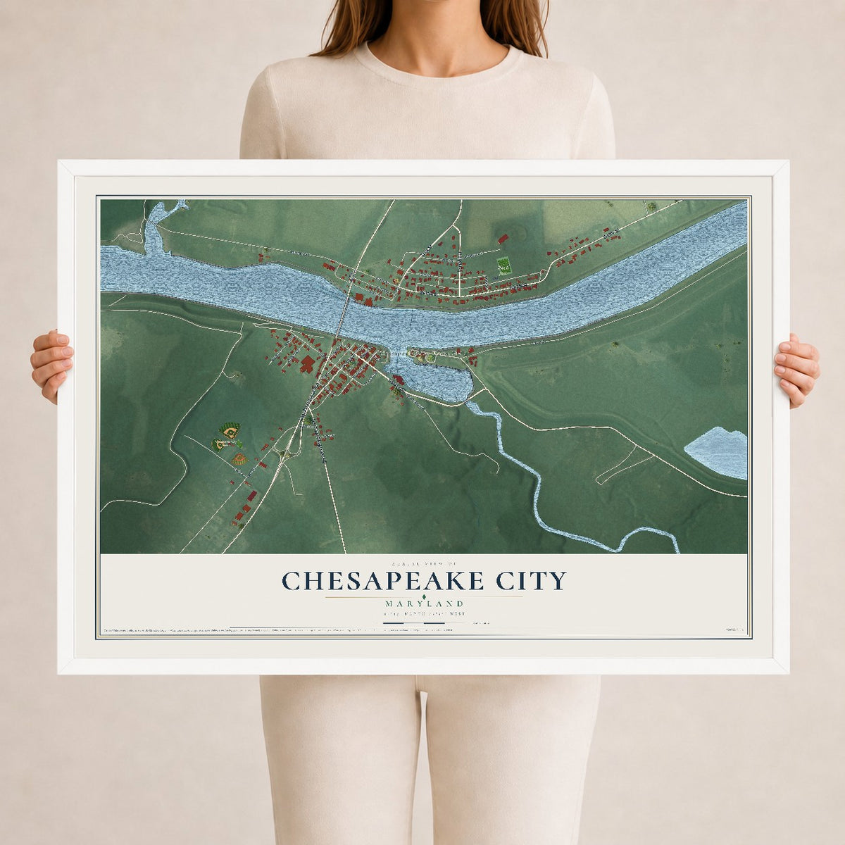 Map of Chesapeake City, Maryland, 24 x 36 inch print in a white wood frame