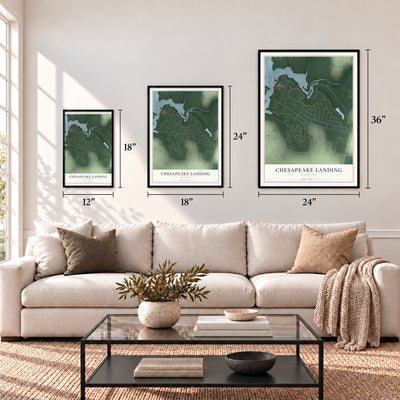 Chesapeake Landing, Maryland map in 12 x 18, 18 x 24 and 24 x 36 inch sizes above a sofa