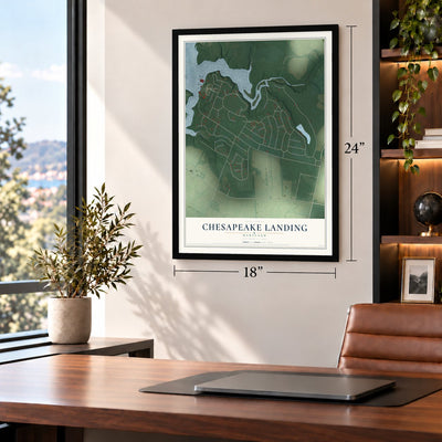 Chesapeake Landing, Maryland map, 18 x 24 inch print in a black frame in a home office
