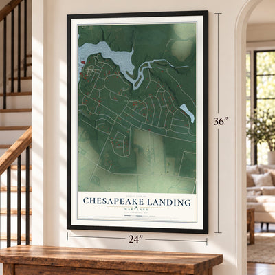 Chesapeake Landing, Maryland map, 24 x 36 inch print in a black frame by a staircase