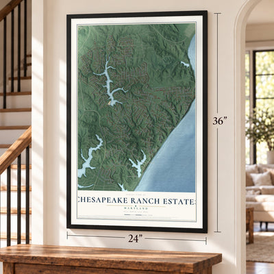 Chesapeake Ranch Estates, Maryland map, 24 x 36 inch print in a black frame by a staircase