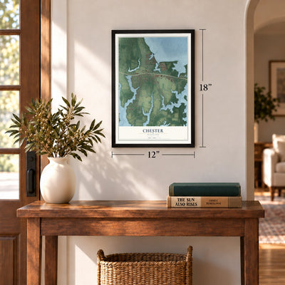 Chester, Maryland map, 12 x 18 inch print in a black frame in an entryway
