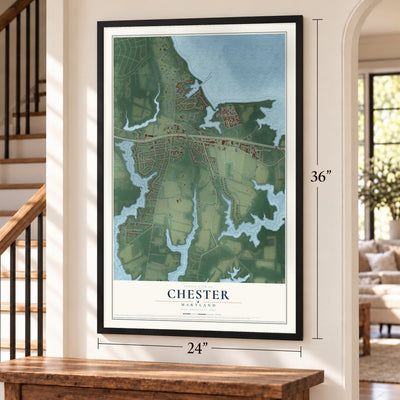 Chester, Maryland map, 24 x 36 inch print in a black frame by a staircase