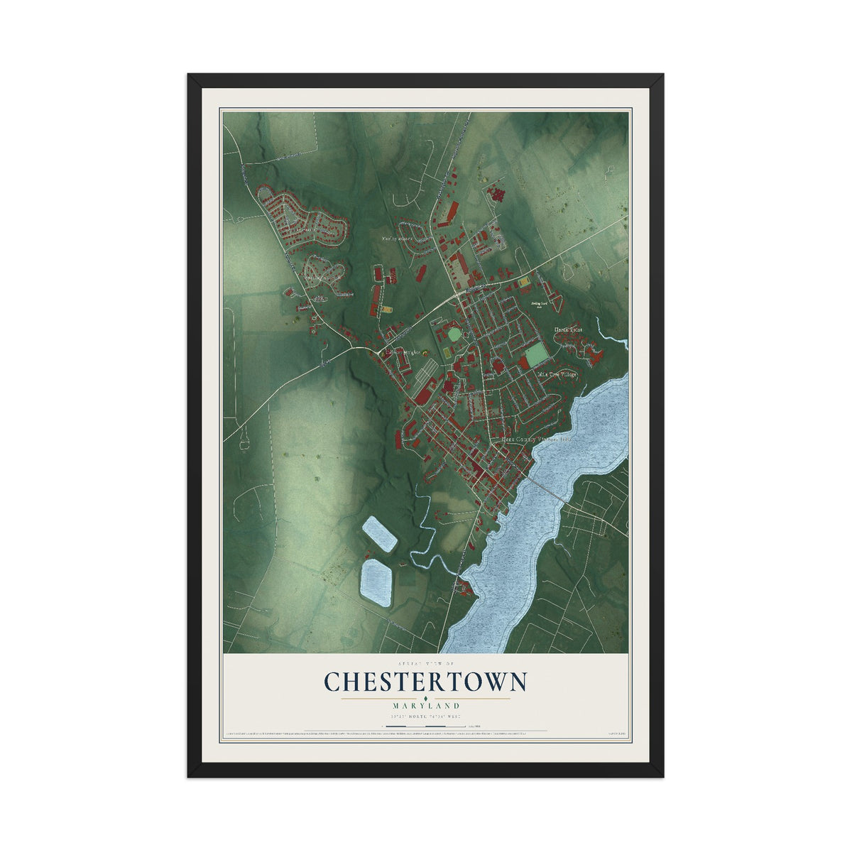 Map of Chestertown, Maryland, 12 x 18 inch print in a black wood frame