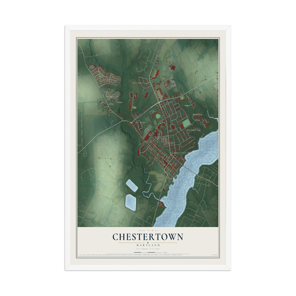 Map of Chestertown, Maryland, 12 x 18 inch print in a white wood frame