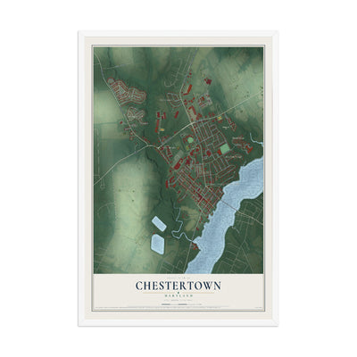 Map of Chestertown, Maryland, 12 x 18 inch print in a white wood frame