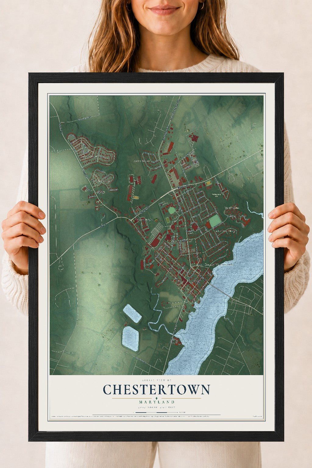Map of Chestertown, Maryland, 18 x 24 inch print in a black wood frame