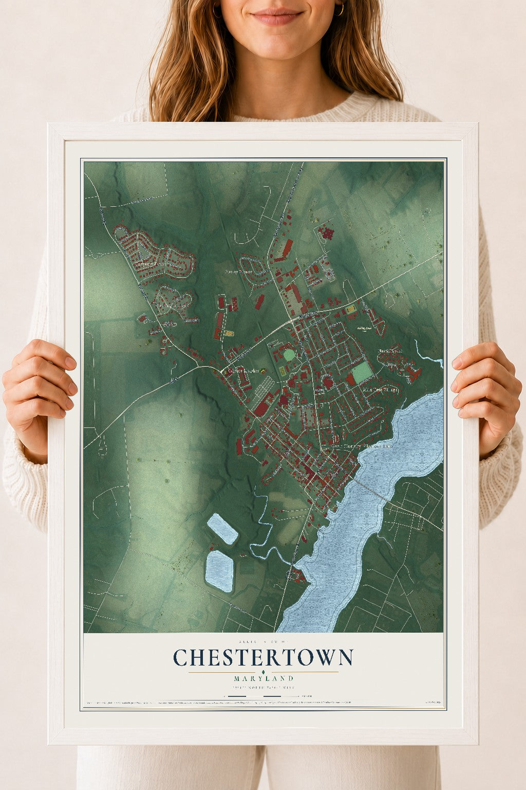 Map of Chestertown, Maryland, 18 x 24 inch print in a white wood frame