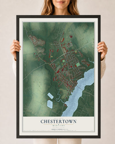 Map of Chestertown, Maryland, 24 x 36 inch print in a black wood frame