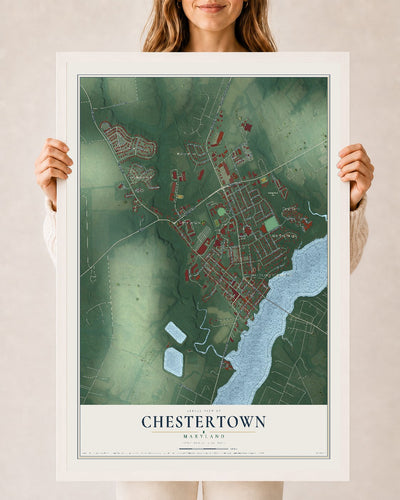 Map of Chestertown, Maryland, 24 x 36 inch print in a white wood frame