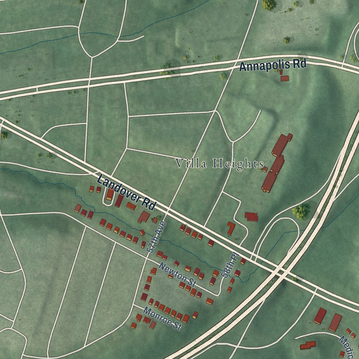 Second close-up of the map of Cheverly, Maryland print showing more streets and buildings