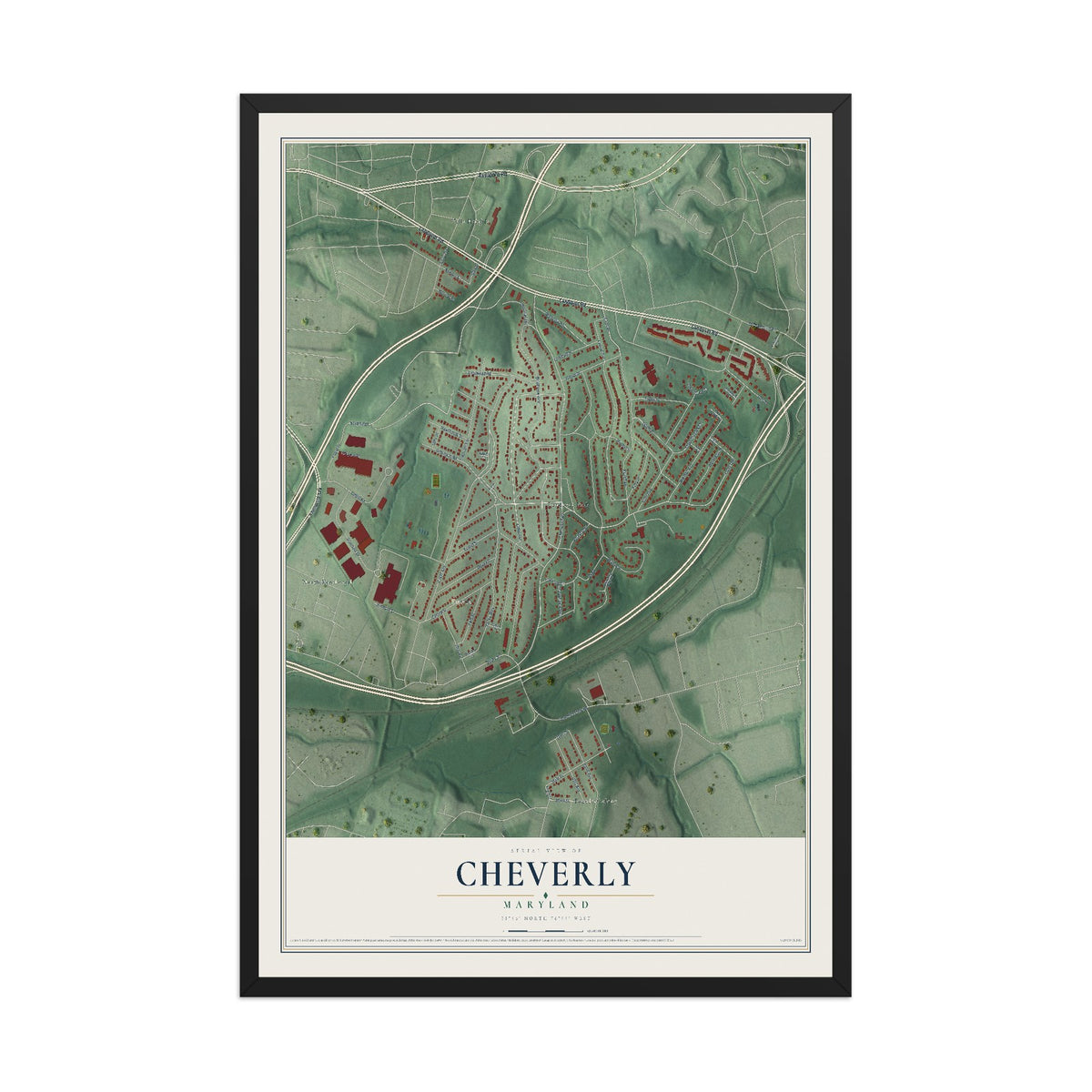 Map of Cheverly, Maryland, 12 x 18 inch print in a black wood frame
