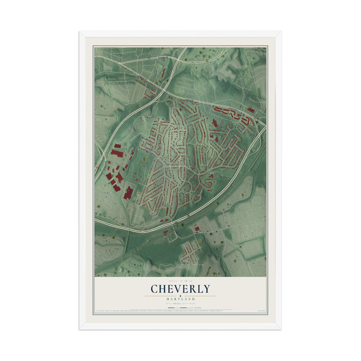 Map of Cheverly, Maryland, 12 x 18 inch print in a white wood frame