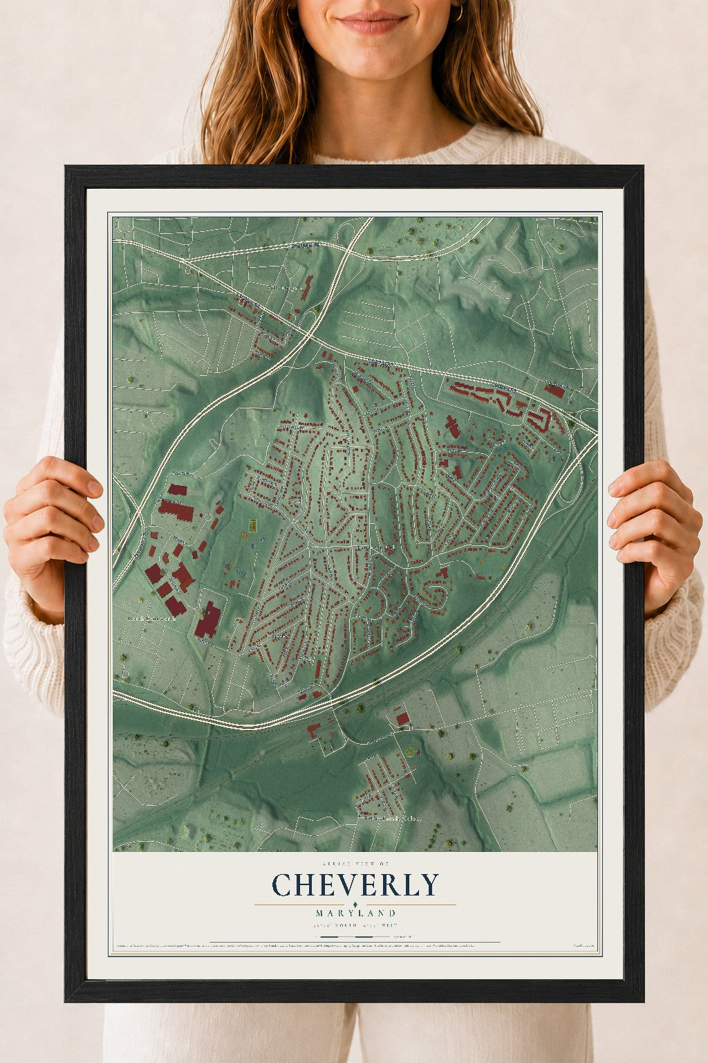 Map of Cheverly, Maryland, 18 x 24 inch print in a black wood frame