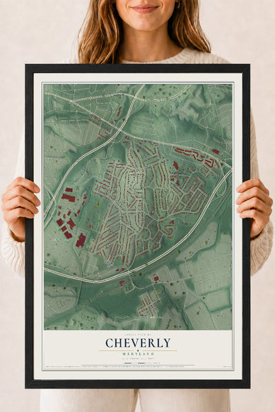 Map of Cheverly, Maryland, 18 x 24 inch print in a black wood frame