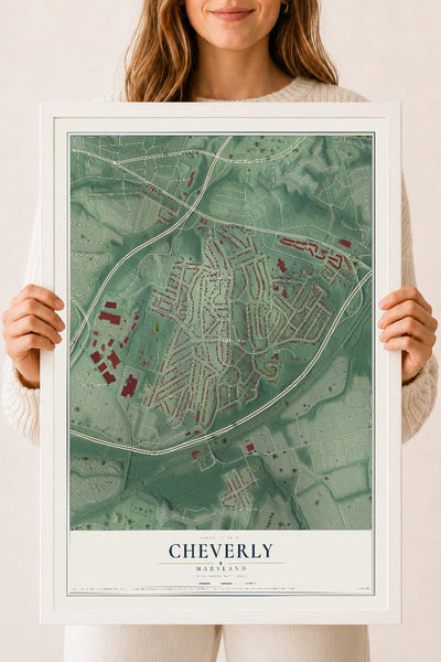 Map of Cheverly, Maryland, 18 x 24 inch print in a white wood frame