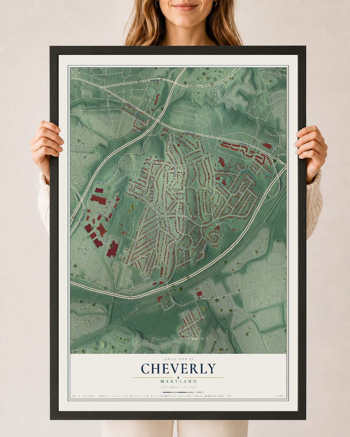 Map of Cheverly, Maryland, 24 x 36 inch print in a black wood frame