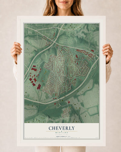Map of Cheverly, Maryland, 24 x 36 inch print in a white wood frame