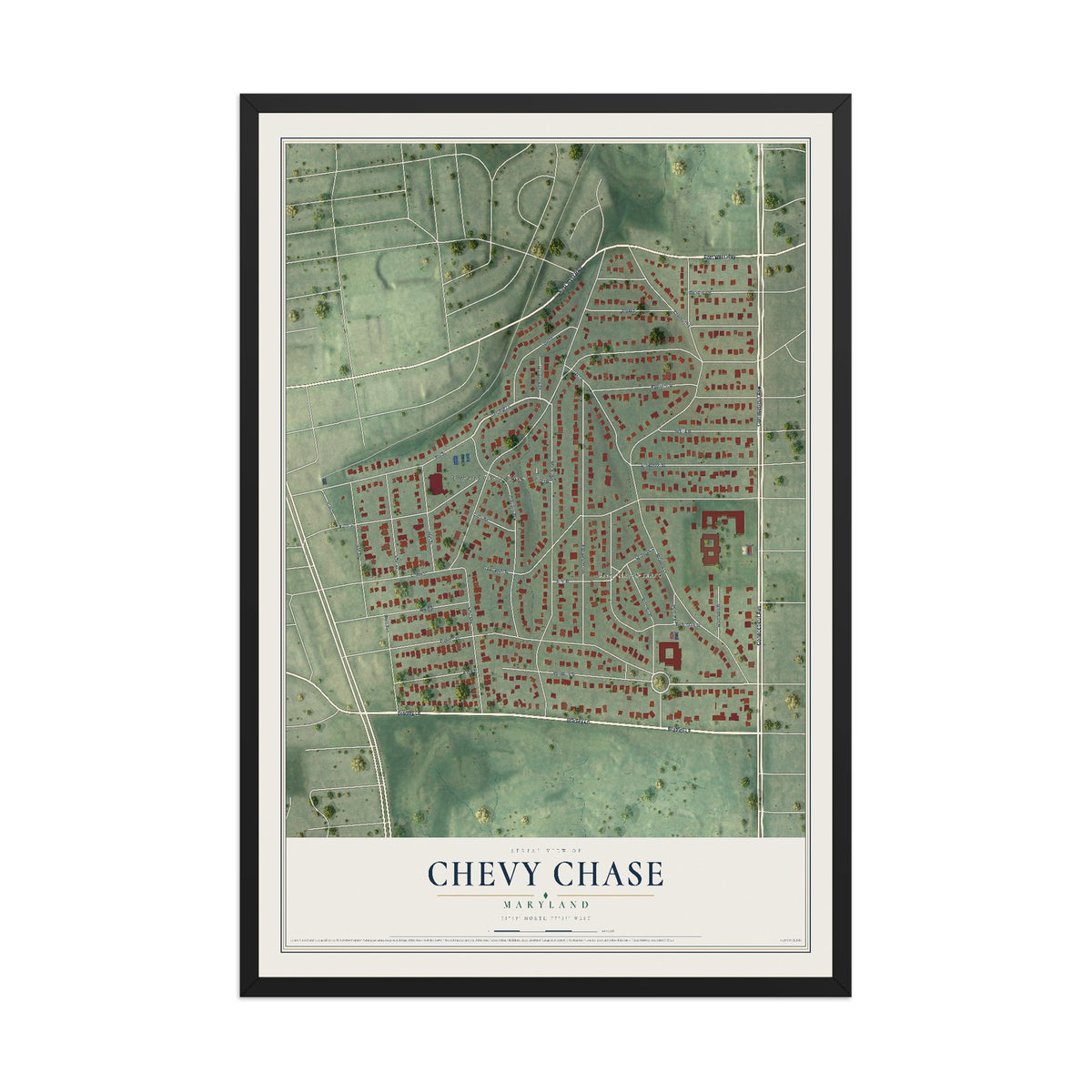 Map of Chevy Chase, Maryland, 12 x 18 inch print in a black wood frame