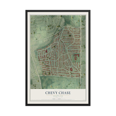 Map of Chevy Chase, Maryland, 12 x 18 inch print in a black wood frame