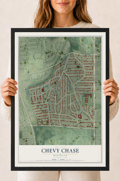 Map of Chevy Chase, Maryland, 18 x 24 inch print in a black wood frame