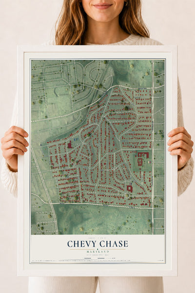 Map of Chevy Chase, Maryland, 18 x 24 inch print in a white wood frame