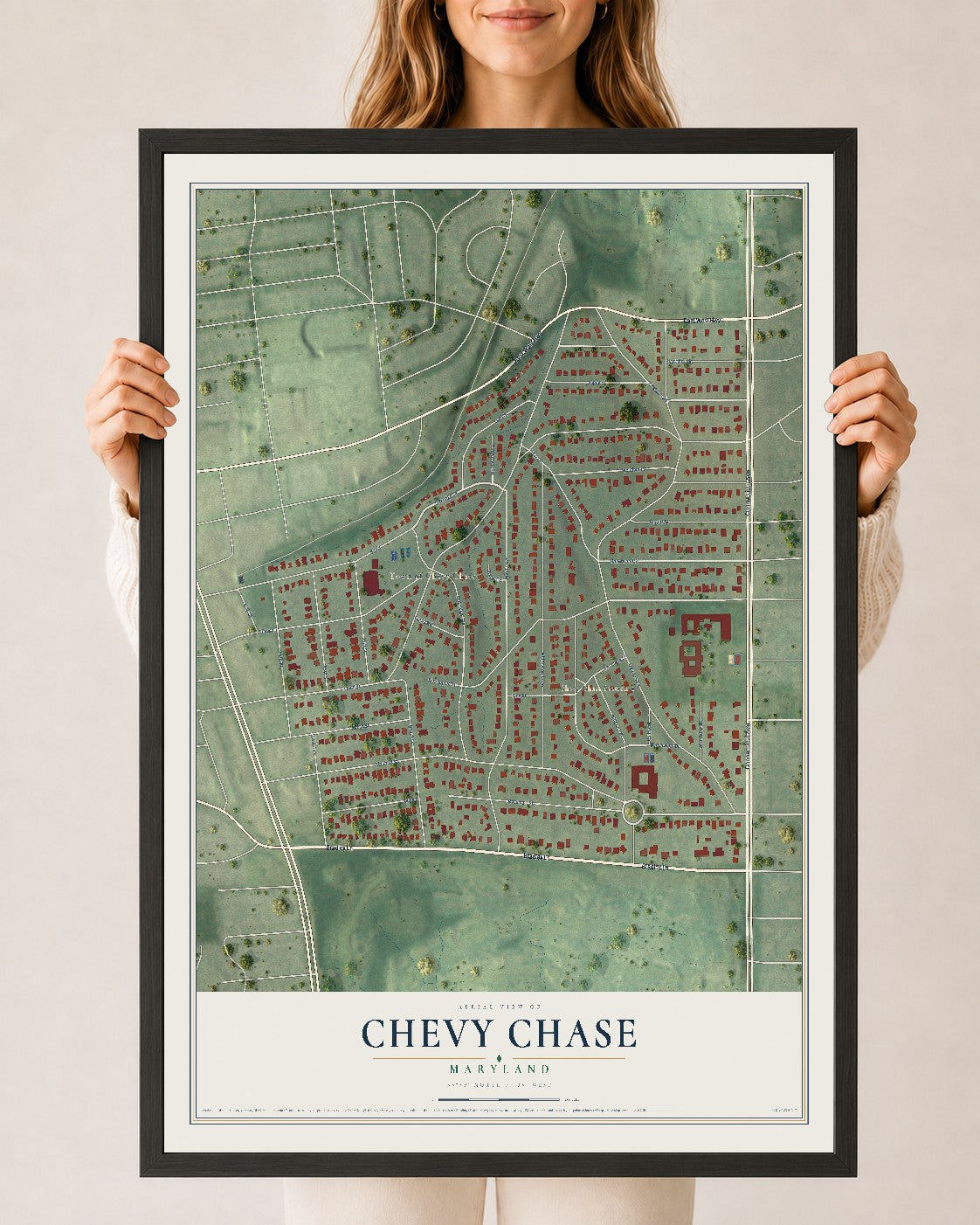 Map of Chevy Chase, Maryland, 24 x 36 inch print in a black wood frame