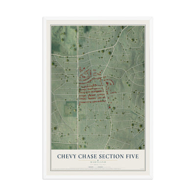 Map of Chevy Chase Section Five, Maryland, 12 x 18 inch print in a white wood frame
