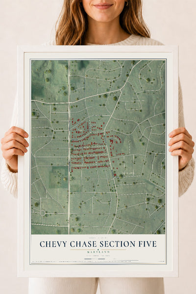 Map of Chevy Chase Section Five, Maryland, 18 x 24 inch print in a white wood frame