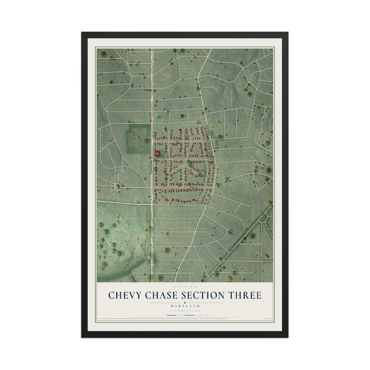 Map of Chevy Chase Section Three, Maryland, 12 x 18 inch print in a black wood frame
