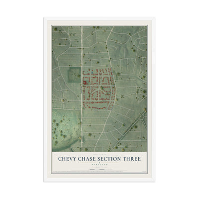 Map of Chevy Chase Section Three, Maryland, 12 x 18 inch print in a white wood frame