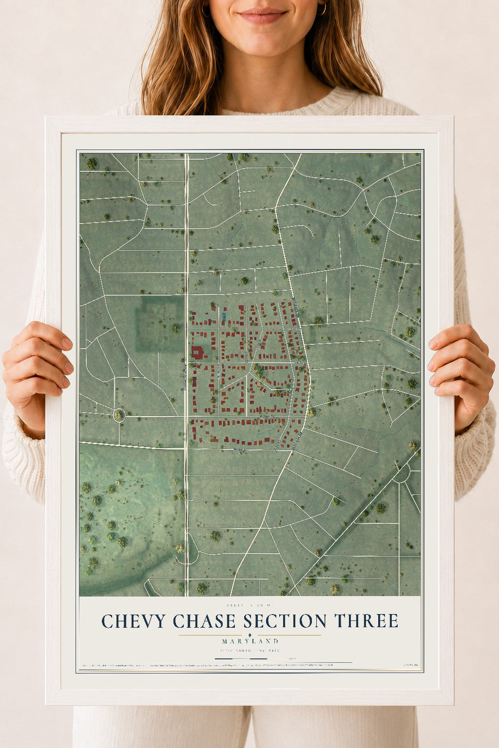 Map of Chevy Chase Section Three, Maryland, 18 x 24 inch print in a white wood frame